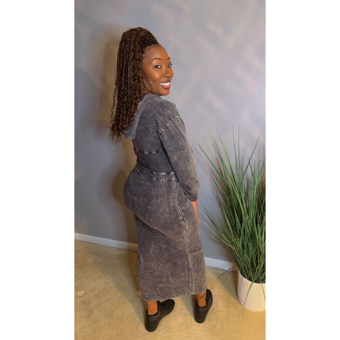 The "Amara" Mineral Hoodie Dress - Acid Black