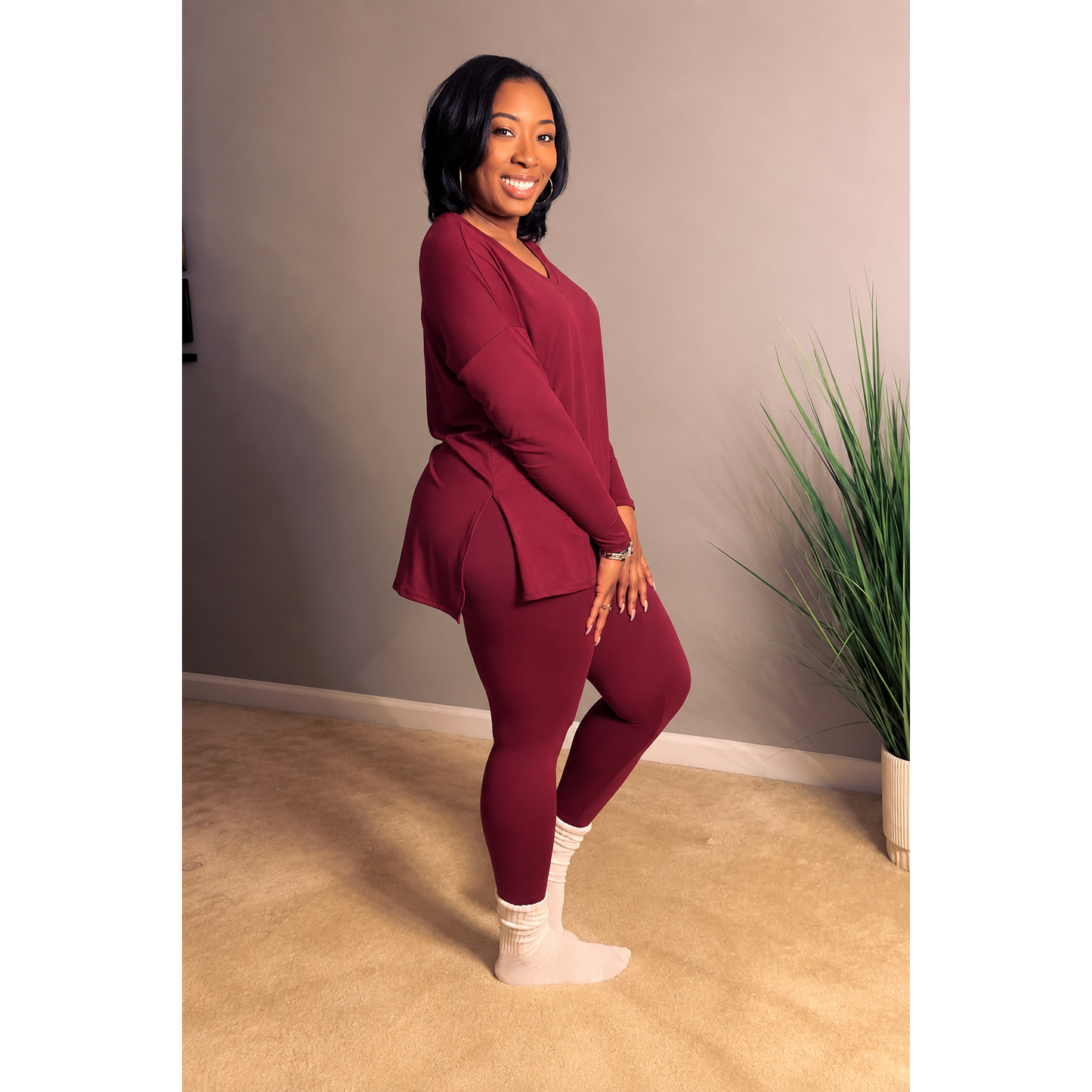 “Never Basic" Set - Cabernet - V Neck Long Sleeve