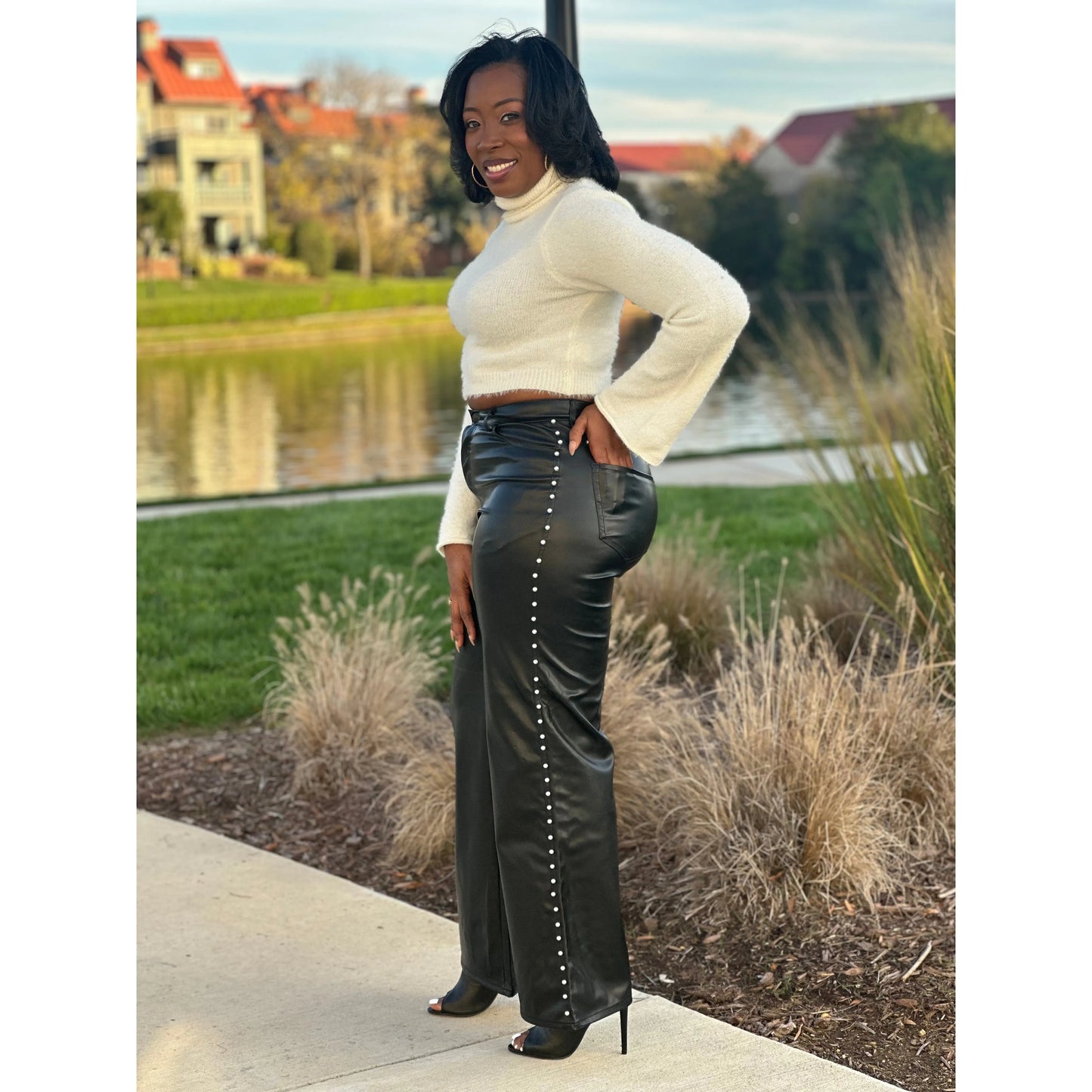 "Miss You Much" Vegan Faux Leather Pants with Pearls