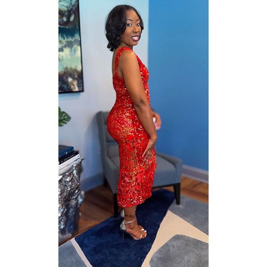 "Velvet Crush" Midi Stretch Sequin Velvet Bodycon Dress in Red
