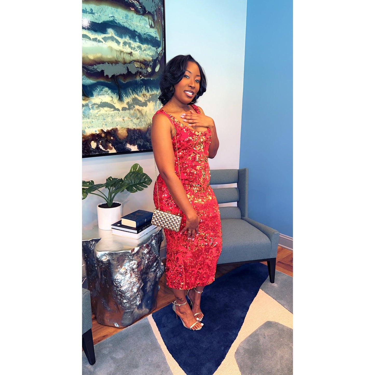 "Velvet Crush" Midi Stretch Sequin Velvet Bodycon Dress in Red