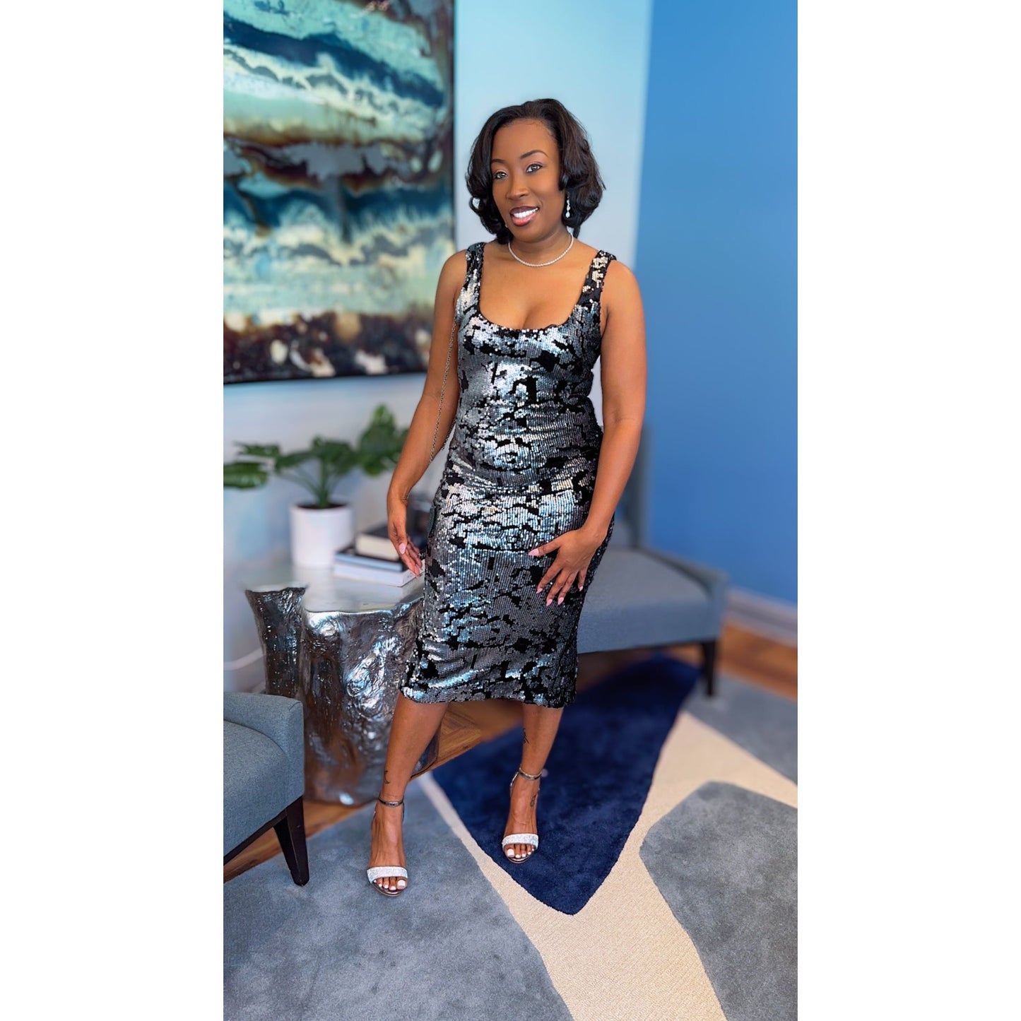 "Velvet Crush" Midi Stretch Sequin Velvet Body Con Dress in Black