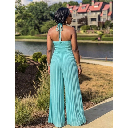 The "Riviera" Pleated Halter Jumpsuit - Aqua