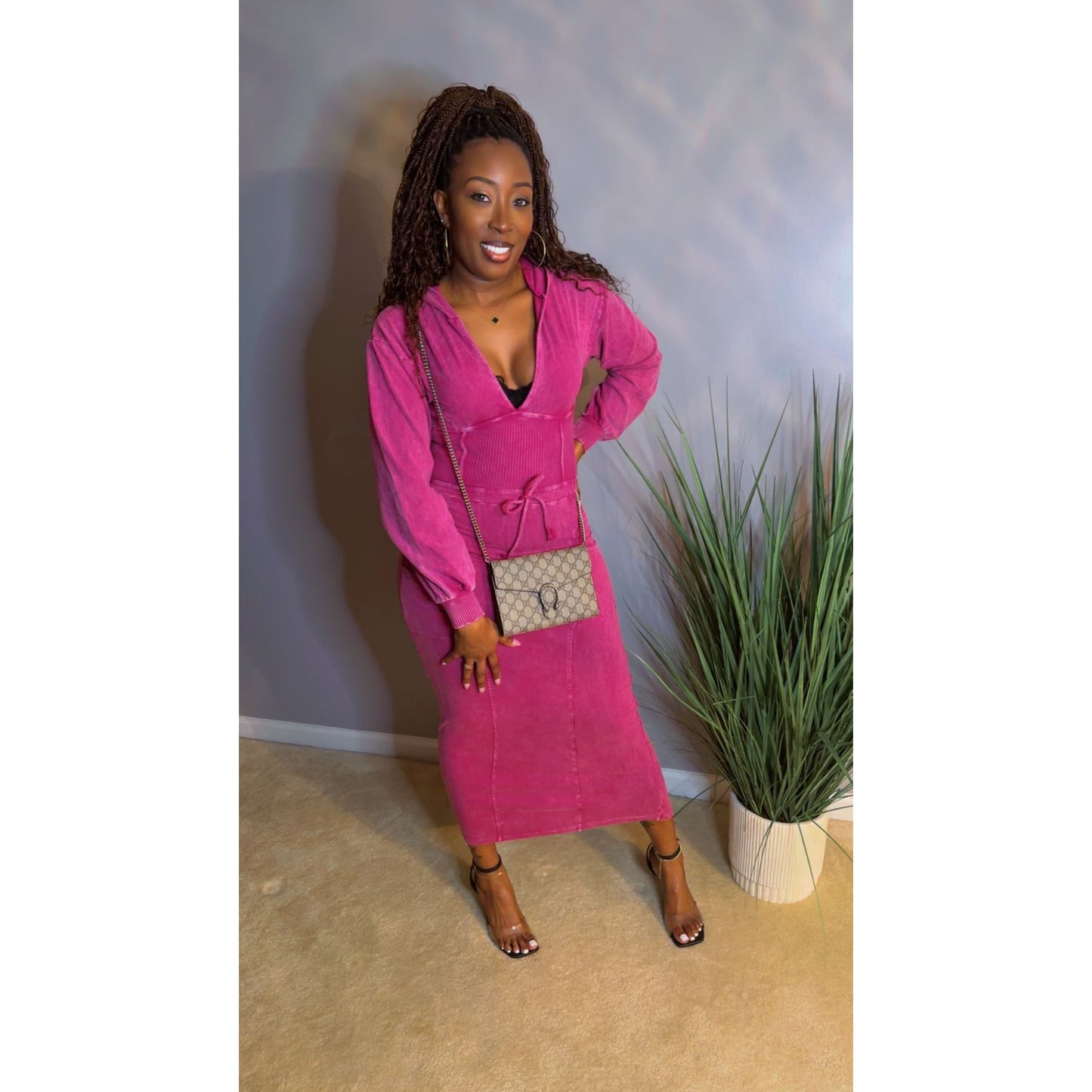 The "Amara" Mineral Hoodie Dress - Wild Fuchsia