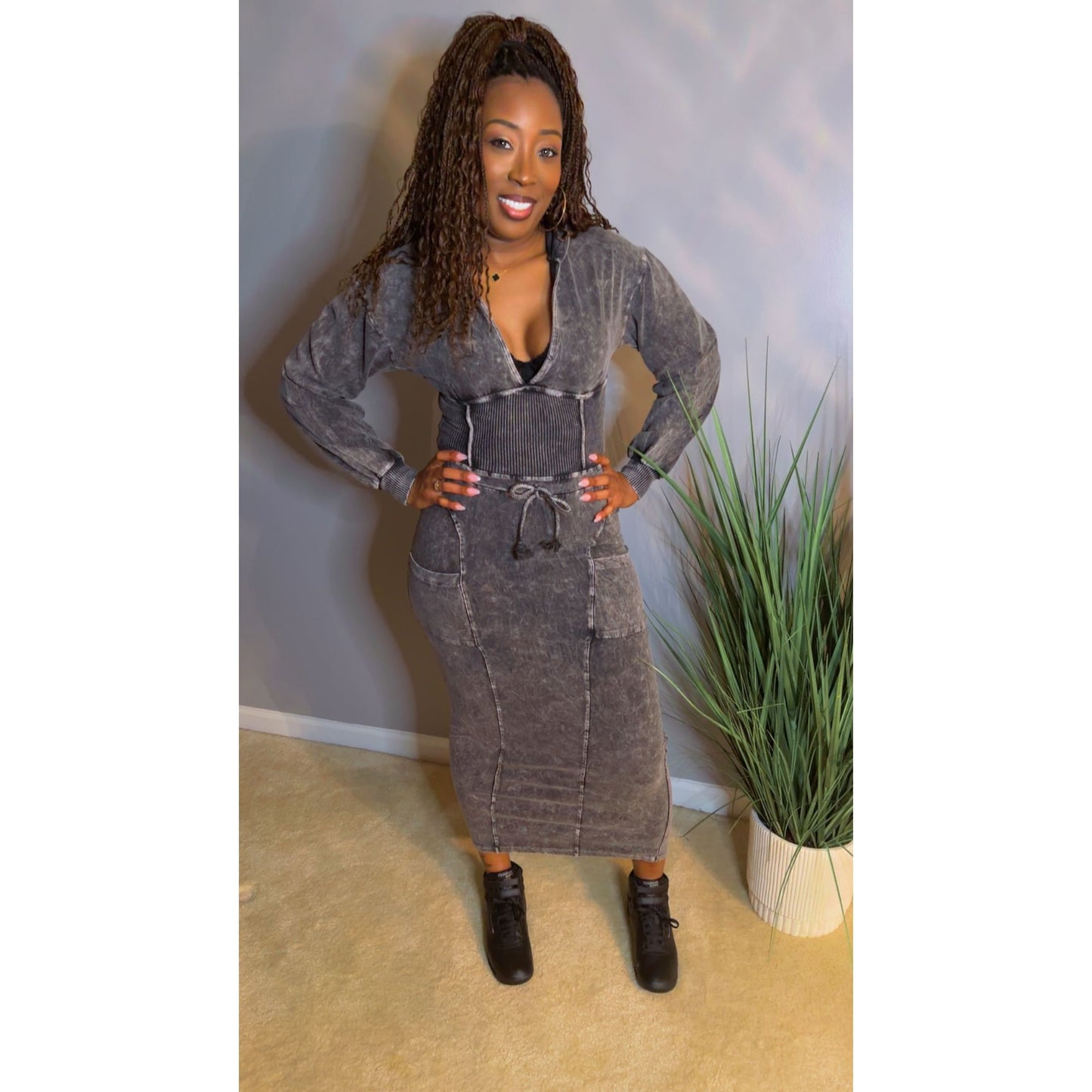 The "Amara" Mineral Hoodie Dress - Acid Black