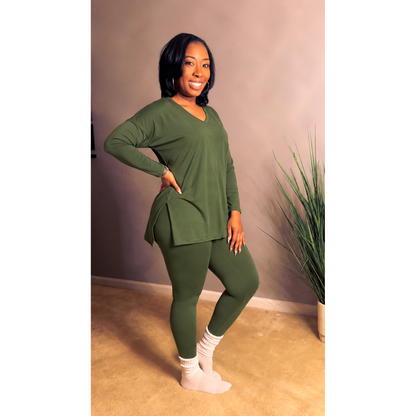 “Never Basic" Set - Army Green- V Neck Long Sleeve