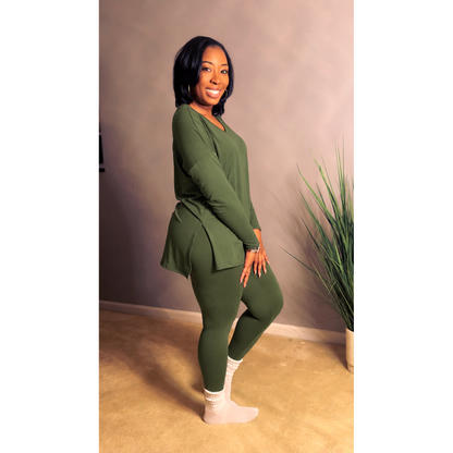 “Never Basic" Set - Army Green- V Neck Long Sleeve