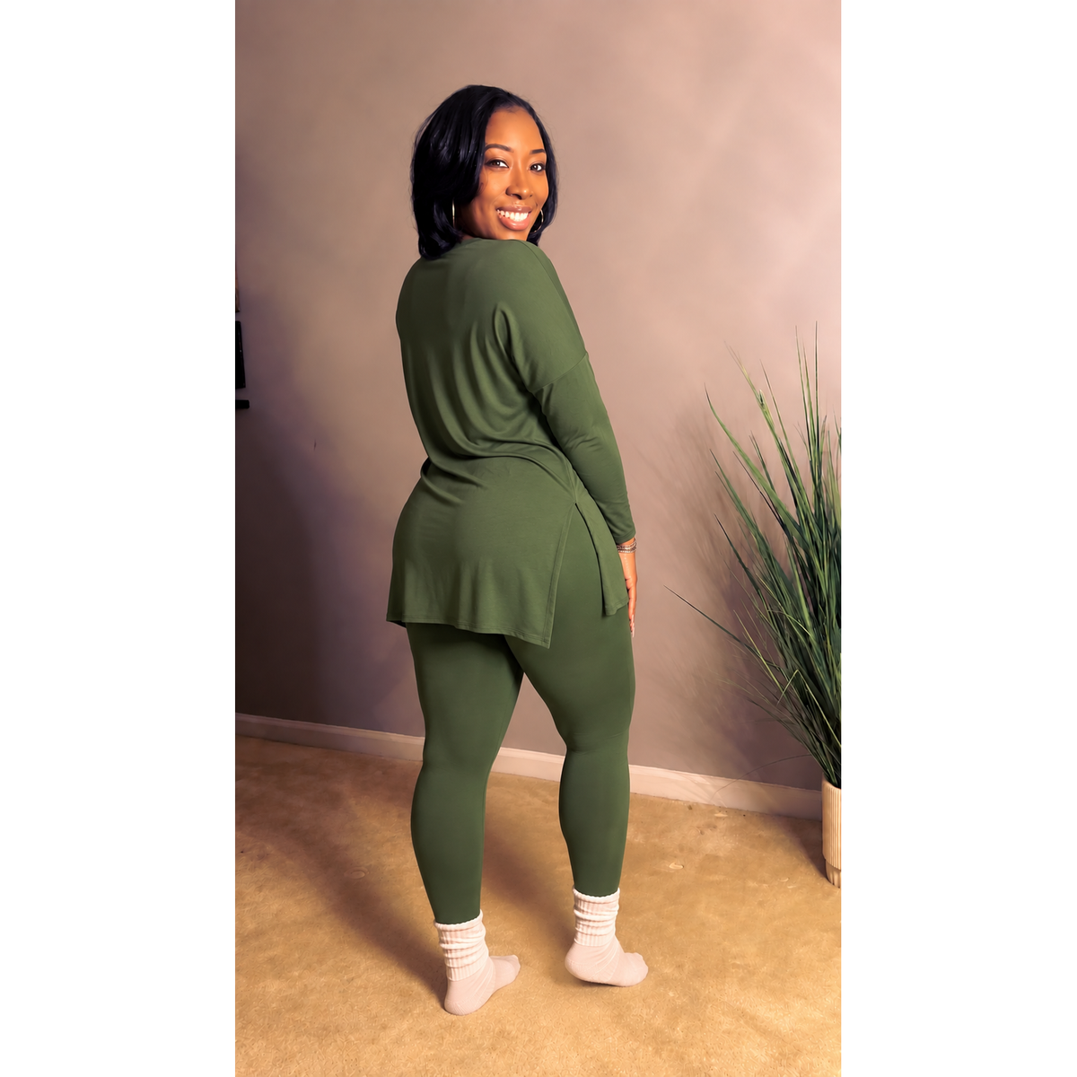 “Never Basic" Set - Army Green- V Neck Long Sleeve