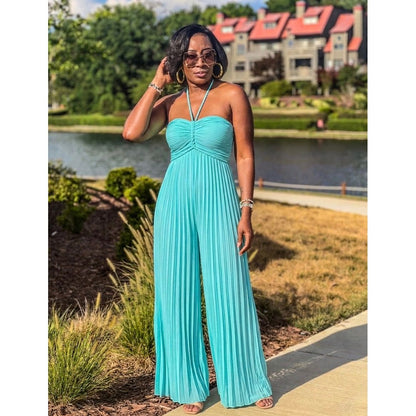 The "Riviera" Pleated Halter Jumpsuit - Aqua