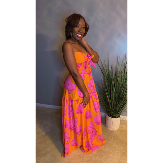 Kiss of Lotus Maxi Dress - Fuchia/Orange