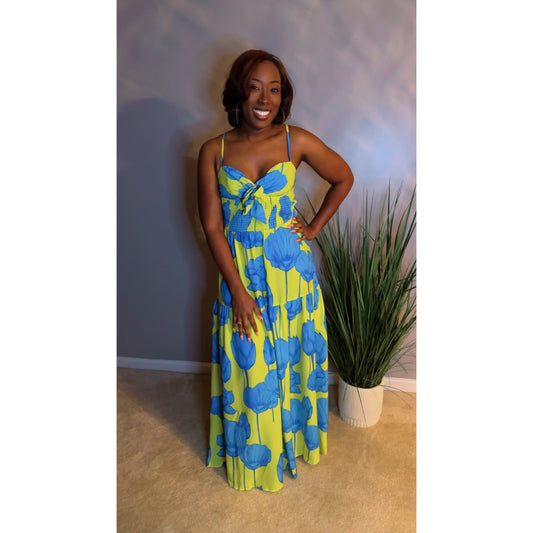 Kiss of Lotus Maxi Dress - Blue/Lime