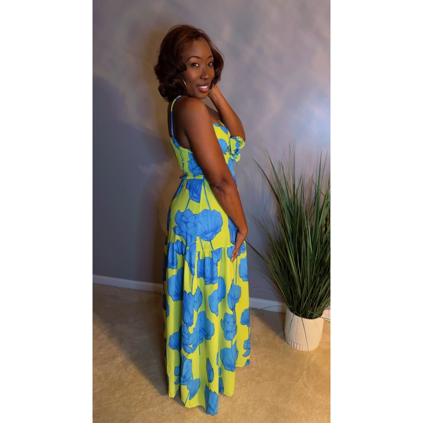 Kiss of Lotus Maxi Dress - Blue/Lime