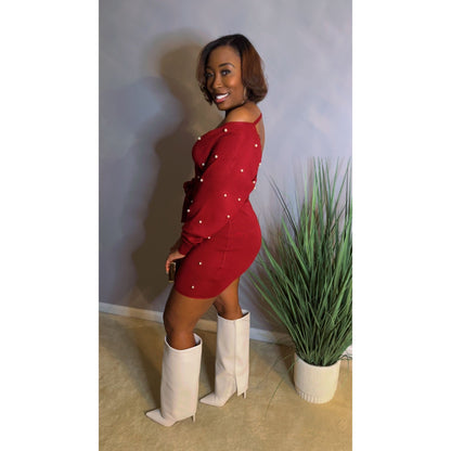 The "Mia" Pearl Knit Mini Dress - Olive Green