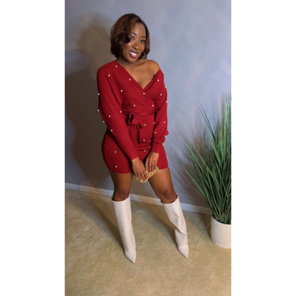 The "Mia" Pearl Knit Mini Dress - Olive Green