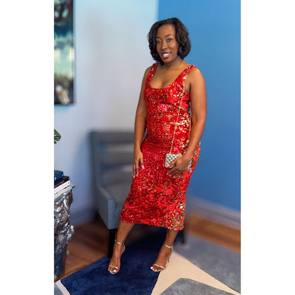 "Velvet Crush" Midi Stretch Sequin Velvet Bodycon Dress in Red
