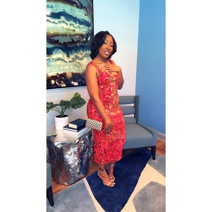 "Velvet Crush" Midi Stretch Sequin Velvet Bodycon Dress in Red