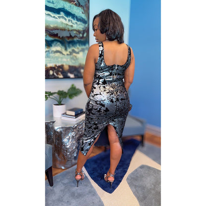 "Velvet Crush" Midi Stretch Sequin Velvet Body Con Dress in Black