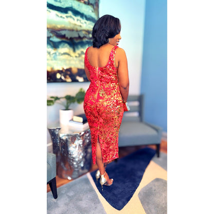 "Velvet Crush" Midi Stretch Sequin Velvet Bodycon Dress in Red